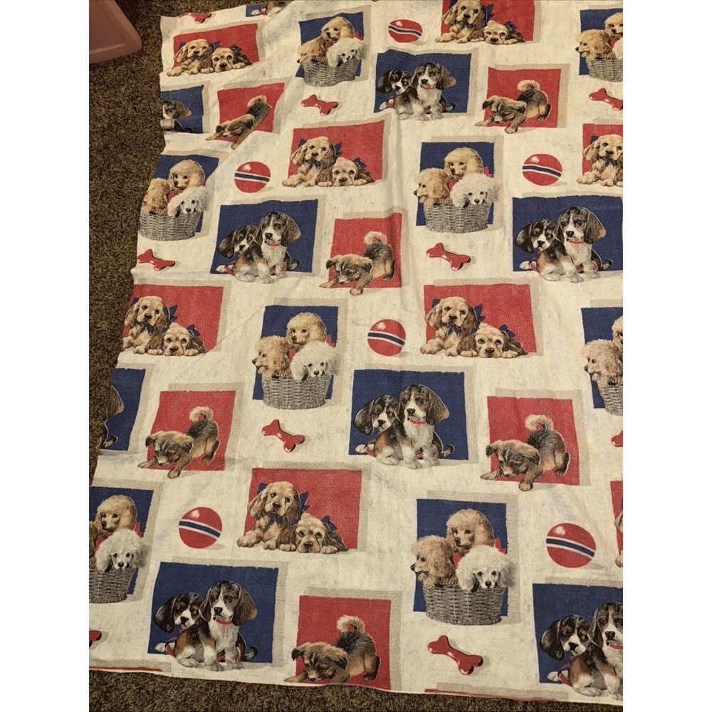 VTG Dogs Puppies Basket Ball Print Blanket Full Sz Material Craft Pc USA 86x65”
